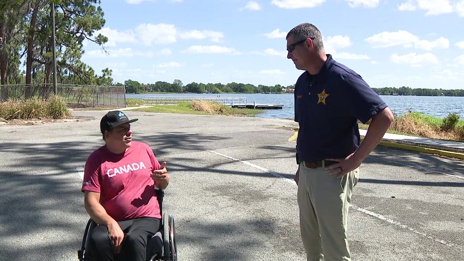 Para athlete Ben Brown talking to his friend Sergeant Paul Butler.