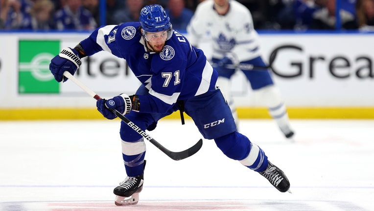 Anthony Cirelli #71 of the Tampa Bay Lightning looks to pass in the second period during Game Four of the First Round of the 2023 Stanley Cup Playoffs against the Toronto Maple Leafs at Amalie Arena on April 24, 2023 in Tampa, Florida. (Photo by Mike Ehrmann/Getty Images)