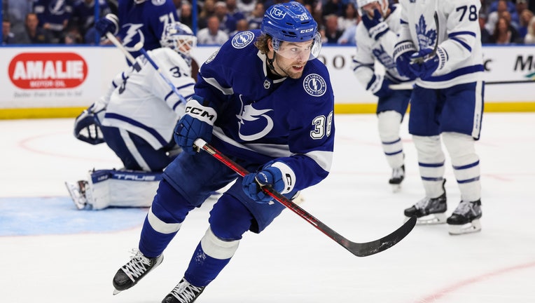 Brandon Hagel #38 of the Tampa Bay Lightning against the Toronto Maple Leafs during the third period in Game Three of the First Round of the 2023 Stanley Cup Playoffs at Amalie Arena on April 22, 2023 in Tampa, Florida. (Photo by Mark LoMoglio/NHLI via Getty Images)