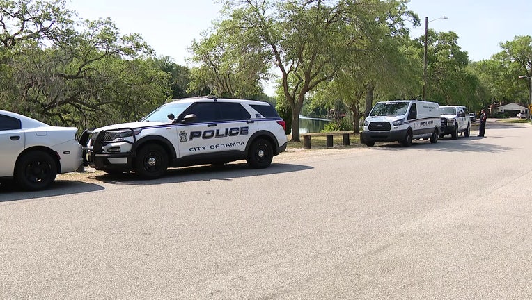 Police vehicles line up near where a body was found in the Hillsborough River. 