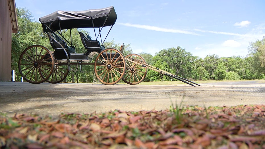An old carriage sits outside the farm. 