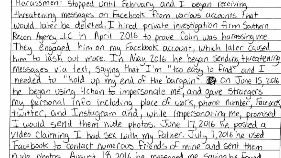 Collin Speer's victim wrote a note detailing what she says he threatened to do to her. 