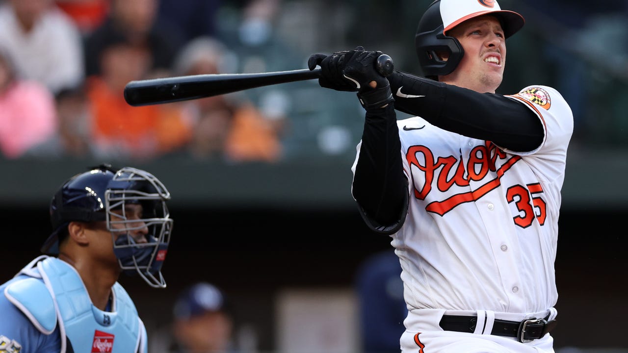 Baltimore Orioles Adley Rutschman (35) bats during a spring