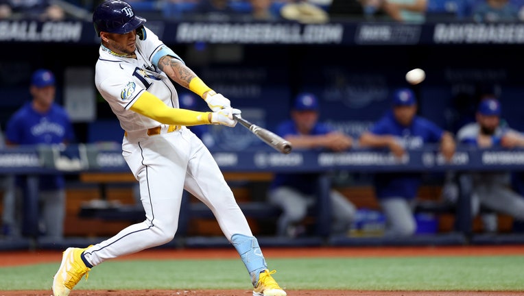 Jose Siri #22 of the Tampa Bay Rays hits a two run home run in the second inning during a game against the Toronto Blue Jays at Tropicana Field on May 22, 2023 in St Petersburg, Florida. (Photo by Mike Ehrmann/Getty Images)