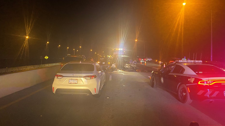 Ten vehicles crashed on the Howard Frankland Bridge Thursday night. Image is courtesy of the Florida Highway Patrol. 