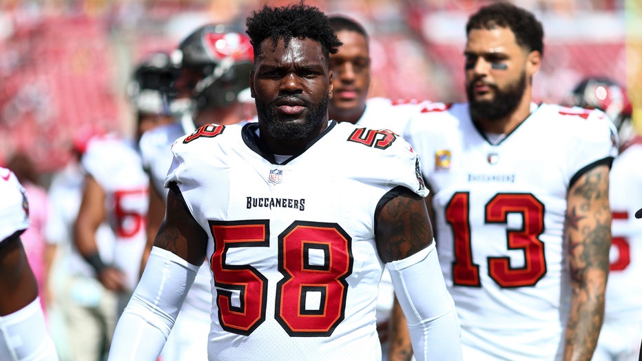 Shaquil Barrett #58 of the Tampa Bay Buccaneers walks to the locker room prior to an NFL football game against the Atlanta Falcons at Raymond James Stadium on October 9, 2022 in Tampa, Florida. (Photo by Kevin Sabitus/Getty Images)