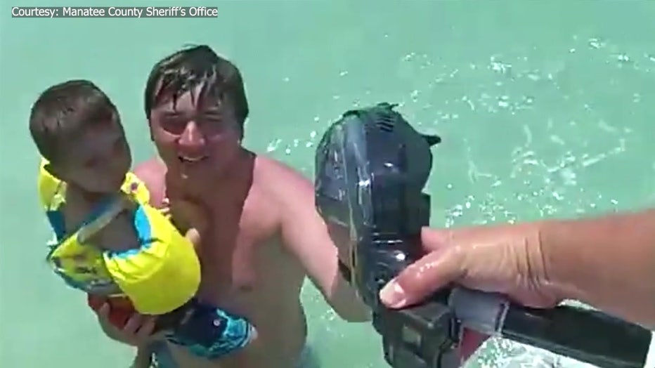 Marine deputies rescue father and son who got caught in a rip current off Anna Maria Island. Image is courtesy of the Manatee County Sheriff's Office. 