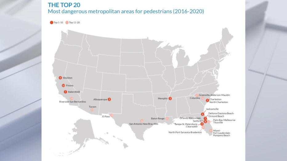 Map illustrating deadliest places for pedestrians in America. Source: Smart Growth America 