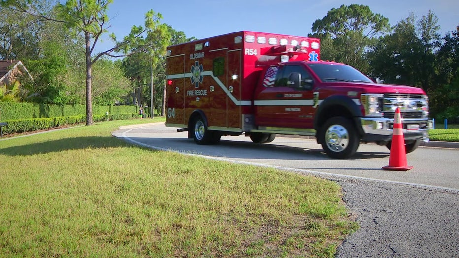 Emergency vehicle responds to East Lake fire. 