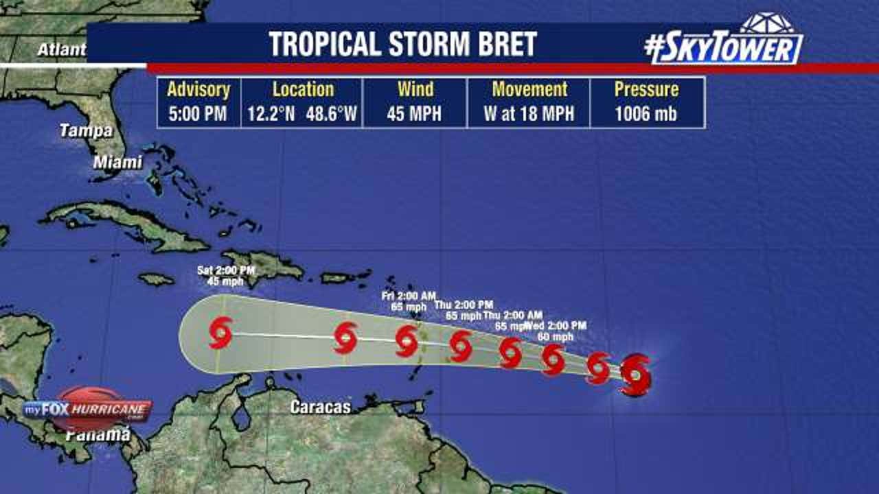 Tropical Storm Bret moves closer to Caribbean Sea expected to encounter hostile upper level winds FOX 13 Tampa Tropical Storm Bret moves closer to Caribbean Sea expected to encounter hostile upper level winds FOX 13 Tampa
