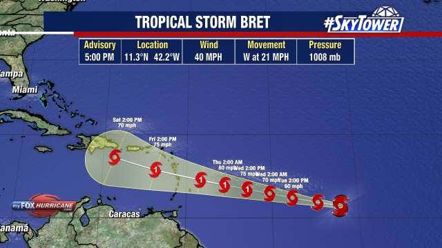 Tropical Storm Bret forms over central Atlantic