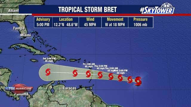 Tropical Storm Bret moves closer to Caribbean Sea, expected to encounter hostile upper level winds