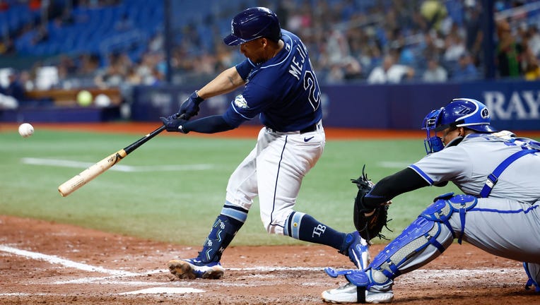 ST PETERSBURG, FLORIDA - JUNE 22: Francisco Mejia #21 of the Tampa Bay Rays hits a solo home run against the Kansas City Royals during the seventh inning at Tropicana Field on June 22, 2023 in St Petersburg, Florida. (Photo by Douglas P. DeFelice/Getty Images)
