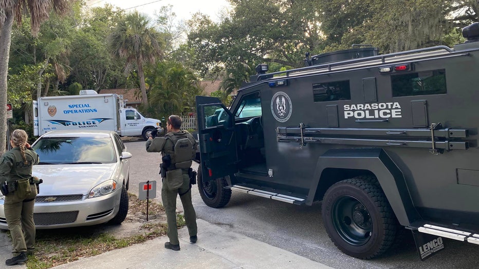 Sarasota SWAT team outside of a home where a shooting suspected barricaded herself inside. Image is courtesy of the Sarasota Police Department. 