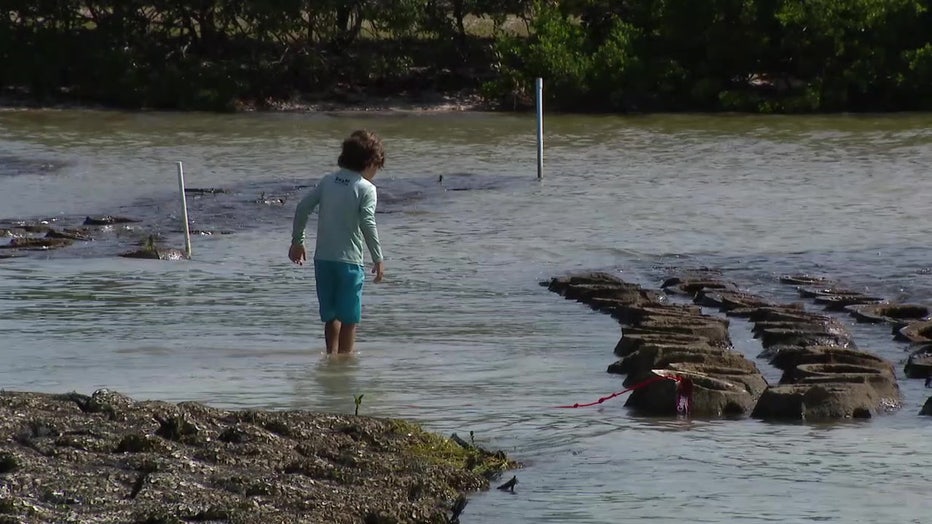 A child plays in the water at Wild School. 