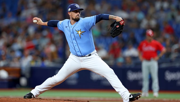 ST PETERSBURG, FLORIDA - JULY 06: Shawn Armstrong #64 of the Tampa Bay Rays pitches during a game against the Philadelphia Phillies at Tropicana Field on July 06, 2023 in St Petersburg, Florida. (Photo by Mike Ehrmann/Getty Images)