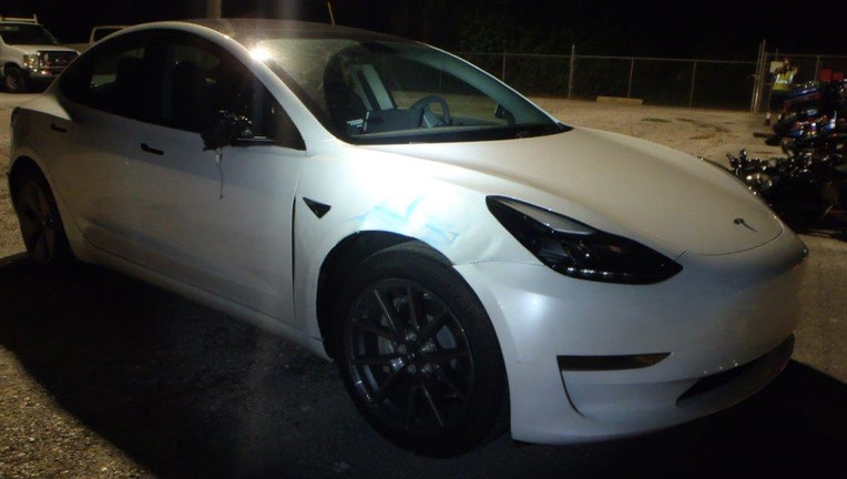 Troopers seized a Tesla they say was involved in a hit-and-run crash that injured a motorcyclist on the Gandy Bridge. Image is courtesy of the Florida Highway Patrol. 