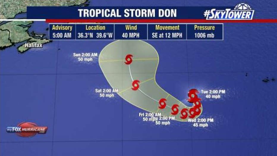 Tropical Storm Don is expected to remain over open waters in the Atlantic. 