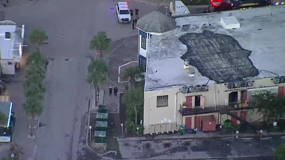 Aerial footages shows a black spot on the roof of the wildlife center following a fire. 