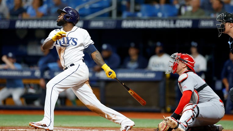 ST PETERSBURG, FLORIDA - AUGUST 10: Randy Arozarena #56 of the Tampa Bay Rays hits in the third inning during a game against the St. Louis Cardinals at Tropicana Field on August 10, 2023 in St Petersburg, Florida. (Photo by Mike Ehrmann/Getty Images)