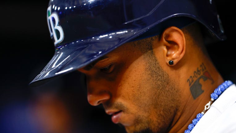 Wander Franco #5 of the Tampa Bay Rays looks on during the ninth inning against the Cleveland Guardians at Tropicana Field on August 12, 2023 in St Petersburg, Florida. (Photo by Douglas P. DeFelice/Getty Images)