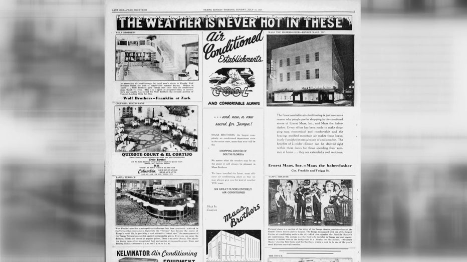 A newspaper ad touts places that had air conditioning. 