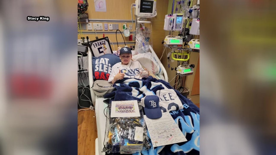 Colton King in the hospital decked out in Rays gear. 