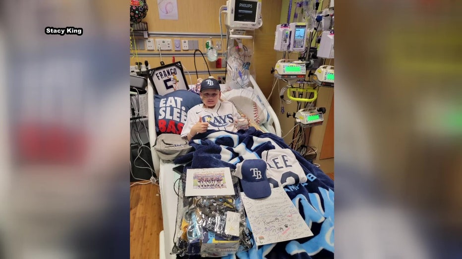 Colton King in the hospital decked out in Rays gear.