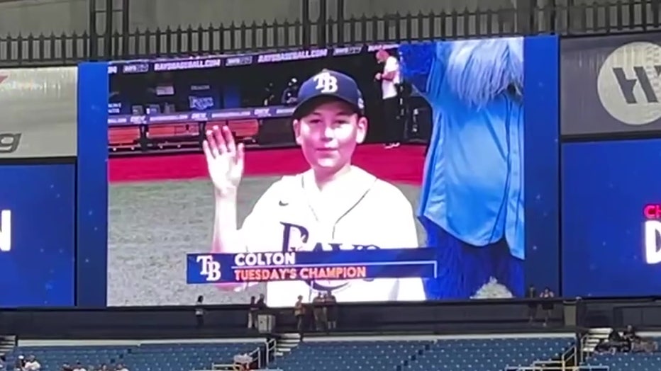 Cancer survivor Colton King threw out the first pitch at Tuesday night's Rays game.