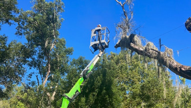 A tree trimmer was critically injured Thursday morning after firefighters say they struck a live power line with a chain saw. Image is courtesy of Pasco Fire Rescue.