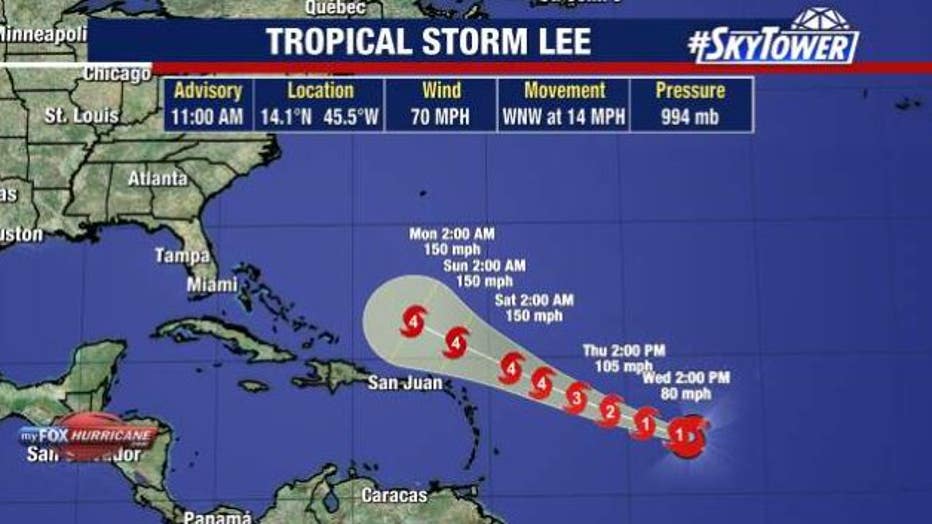 Tropical Storm Lee is predicted to become a hurricane by Wednesday afternoon.