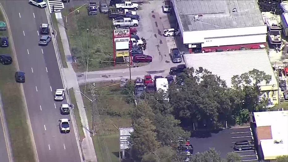 Aerial view of a shooting scene at a Largo auto repair store.