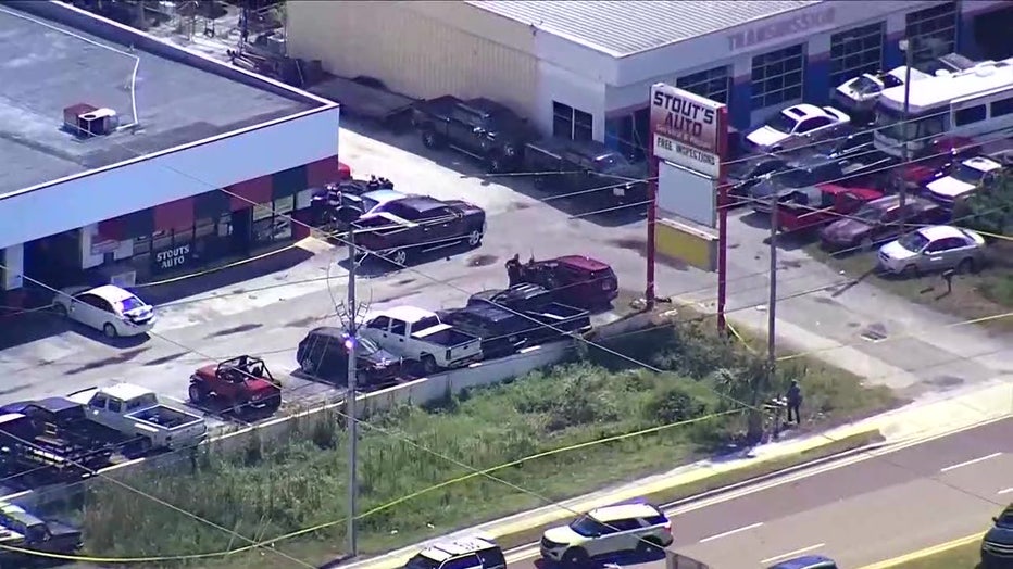 Aerial view of Stout's Automotive were two people were killed in a shootout on Wednesday. 