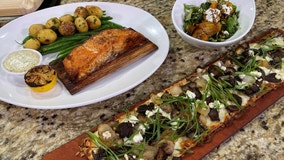 Recipe: Cedar Plank Salmon, Golden Beet Salad and Roasted Mushroom Flatbread