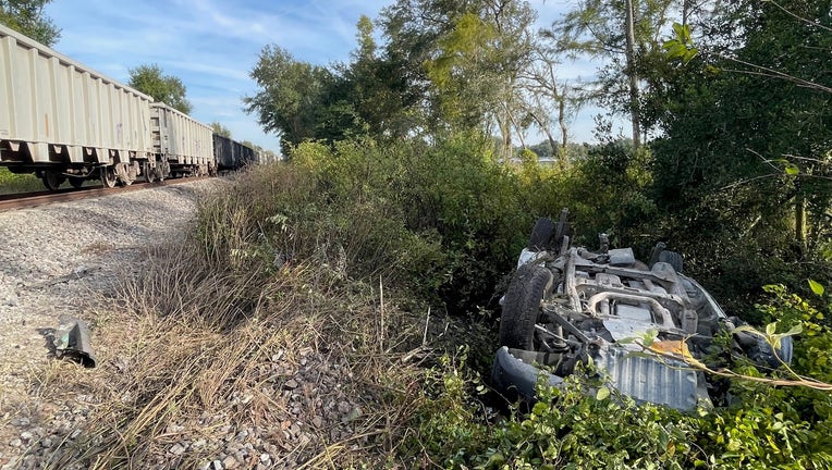 A CSX freight train collided with a stolen car that was dumped on the tracks in Zephyrhills Monday morning. Image is courtesy of the Florida Highway Patrol.