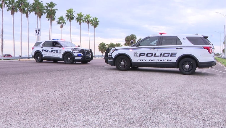 Police vehicles at the scene of a deadly motorcycle crash on the Courtney Campbell Causeway.