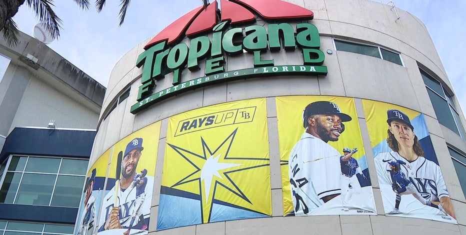 Logo and display above entrance to Tropicana Field Stadium in St