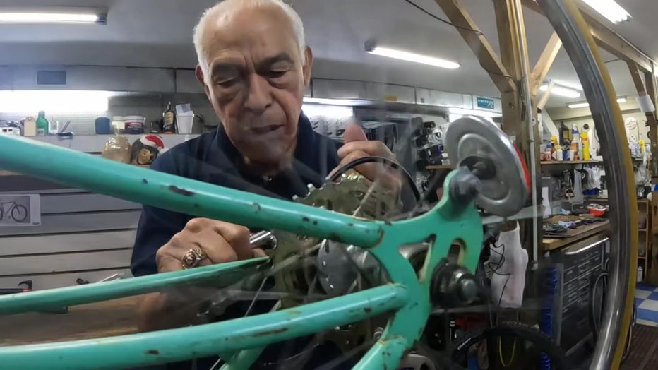 Manny Mirabal is the older bicycle mechanic in Tampa.