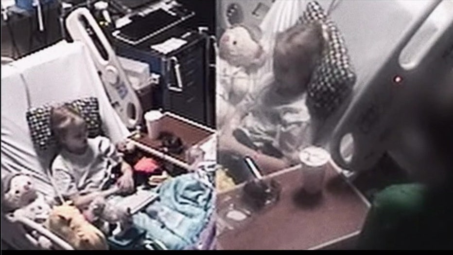 Surveillance images of Maya in a hospital bed.