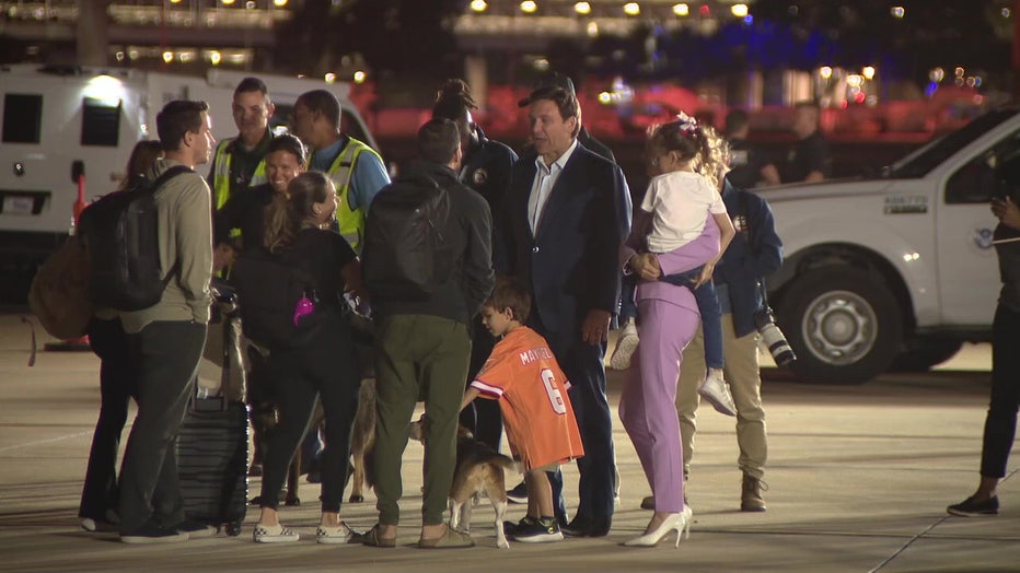 Governor Ron DeSantis greets hundreds of Americans who were evacuated from Israel after they landed in Tampa on Sunday. 