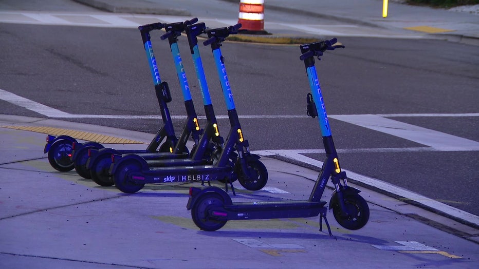 E-scooters lined up.