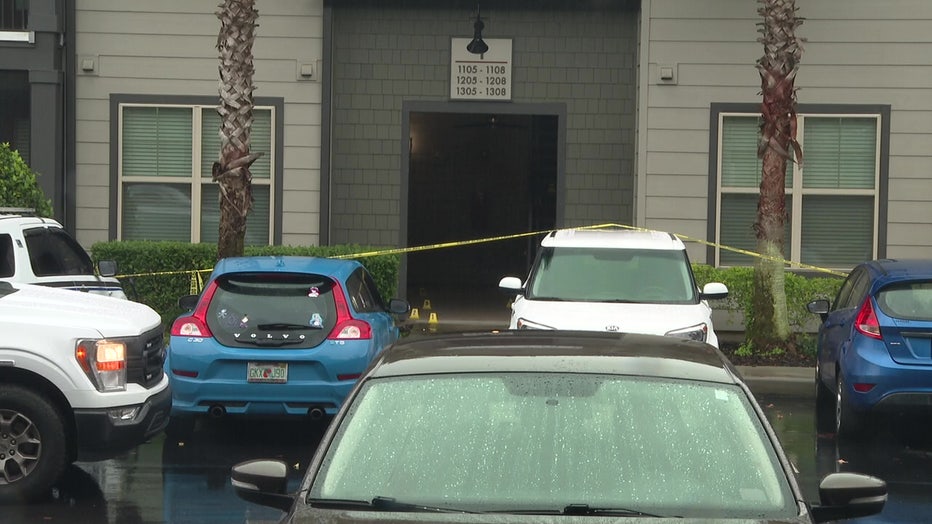 Crime scene tape at Lodge Apartments where a teen and a woman were stabbed to death. 