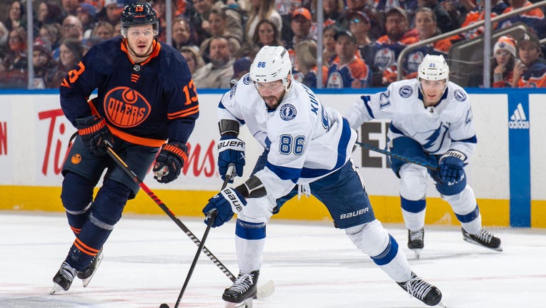 EDMONTON, CANADA - DECEMBER 14: Nikita Kucherov #86 of the Tampa Bay Lightning skates during the game against Mattias Janmark #13 of the Edmonton Oilers at Rogers Place on December 14, 2023, in Edmonton, Alberta, Canada. (Photo by Andy Devlin/NHLI via Getty Images)