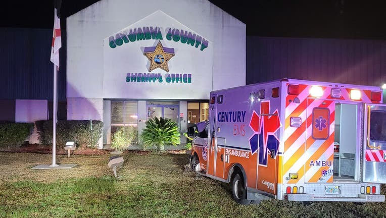 A suspect fleeing in a stolen ambulance stops at sheriff's office. Image is courtesy of the Columbia County Sheriff's Office.