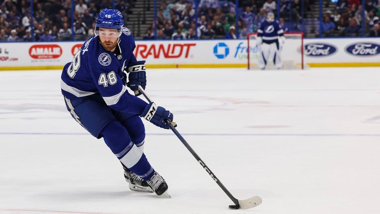 TAMPA, FL - DECEMBER 4: Nick Perbix #48 of the Tampa Bay Lightning against the Dallas Stars during the first period at Amalie Arena on December 4, 2023 in Tampa, Florida. (Photo by Mark LoMoglio/NHLI via Getty Images)