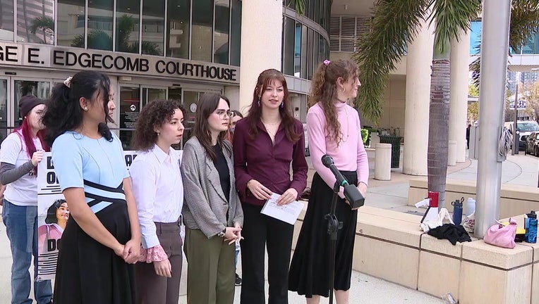 Five people arrested following a protest at USF in March 2023 speak outside the courthouse after they agreed to attend a diversion program to have their charges dropped. 