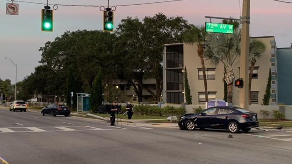 Police at scene of crash that claimed the lives of a bicyclist and a pedestrian in St. Petersburg. 