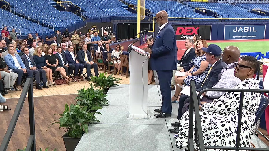 St. Pete Mayor Ken Welch speaks at a press conference about the new Rays stadium. 