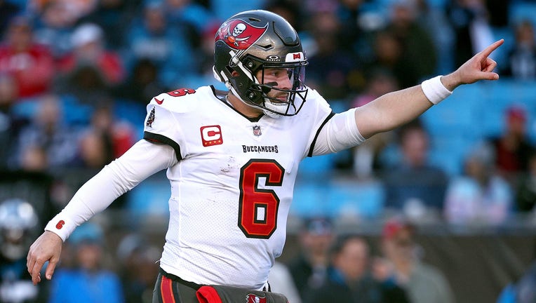 CHARLOTTE, NORTH CAROLINA - JANUARY 07: Baker Mayfield #6 of the Tampa Bay Buccaneers reacts during the fourth quarter against the Carolina Panthers at Bank of America Stadium on January 07, 2024 in Charlotte, North Carolina. (Photo by Jared C. Tilton/Getty Images)