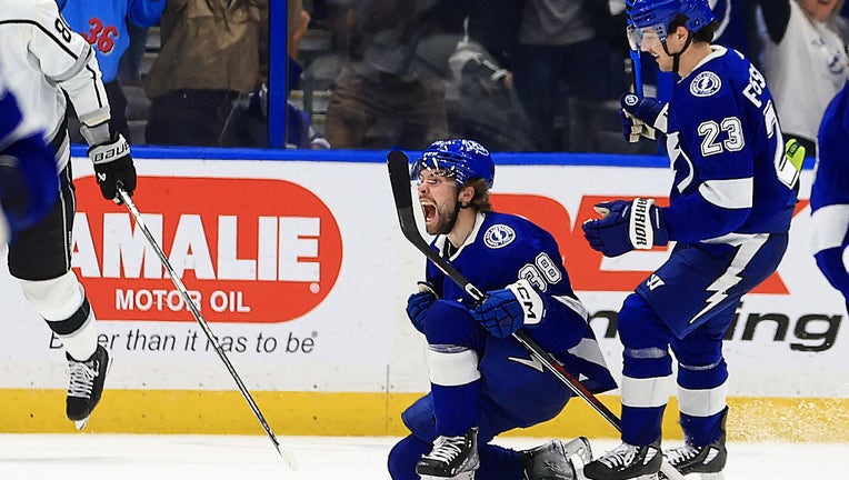 TAMPA, FLORIDA - JANUARY 09: Brandon Hagel #38 of the Tampa Bay Lightning celebrates a goal in the third period during a game against the Los Angeles Kings at Amalie Arena on January 09, 2024 in Tampa, Florida. (Photo by Mike Ehrmann/Getty Images)